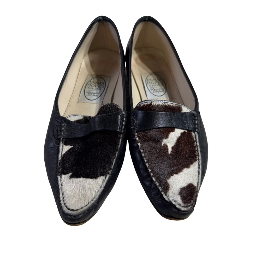 Emma Hope Leather Loafers Vintage 37.5 Black Cow Print Pony Hair Italy